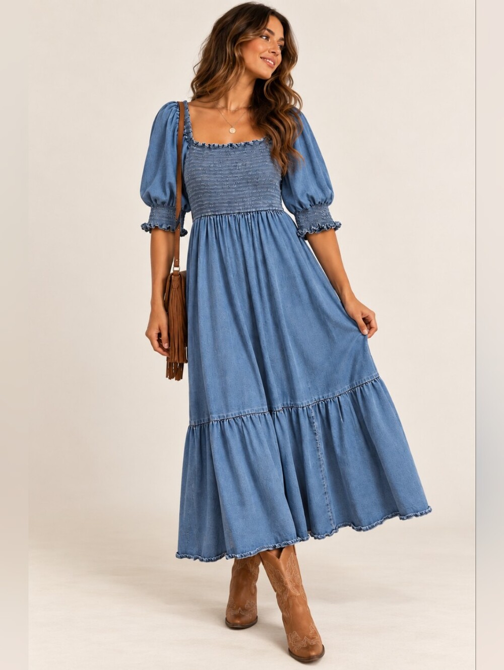 Smocked Denim Chambray Tiered Midi Dress Western Boho Cottagecore, L